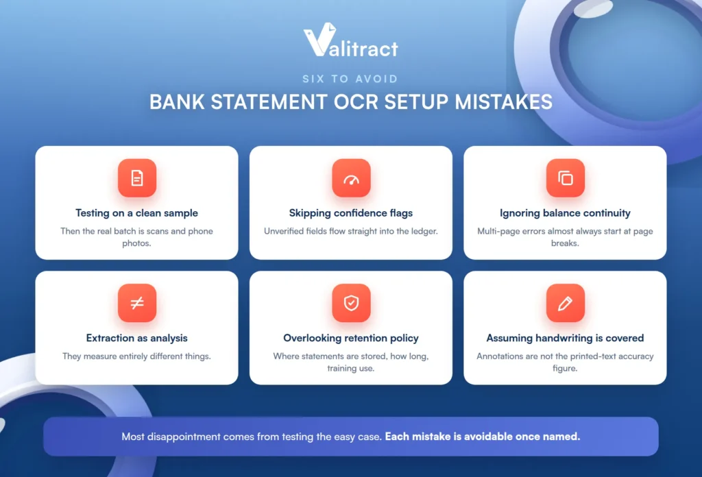 Common mistakes when setting up bank statement OCR, including skipping confidence scores and ignoring balance continuity
